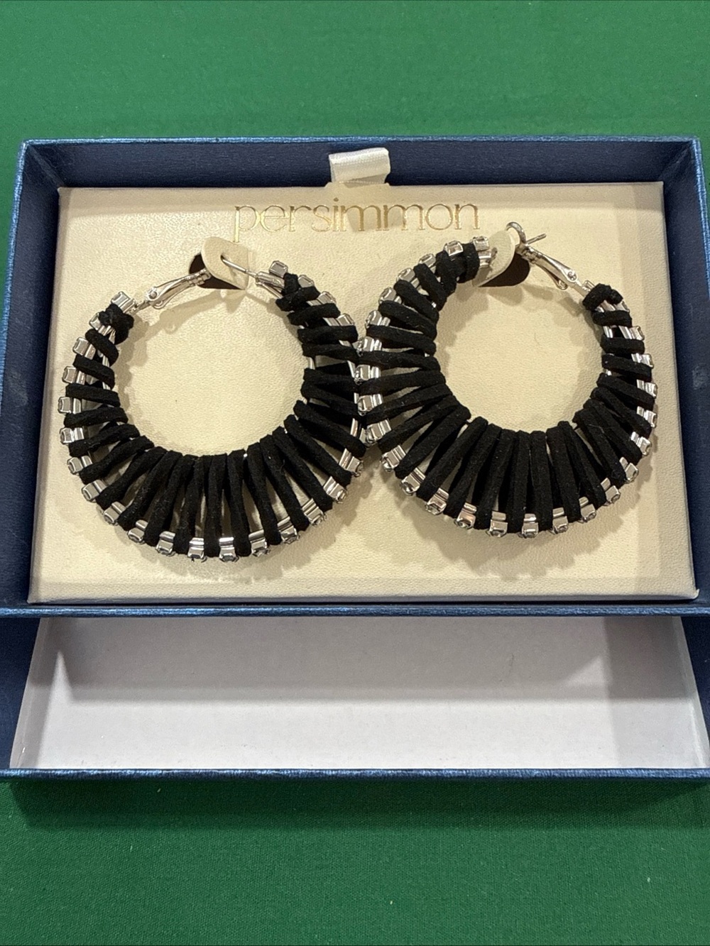 Persimmon Black suede Hoop Earrings W/Rhinestones 80B